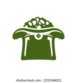 St Patrick's Day leprechaun hat full of cash coin money Irish lucky prosperity vintage icon vector flat illustration. Celtic culture traditional richness wealth financial fortune headdress currency