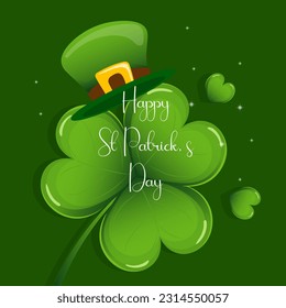 St. Patrick's Day, leprechaun hat with shamrock leaves and congratulatory text. Illustration, postcard, banner, vector	
