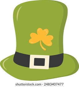 St. Patrick's Day Leprechaun Hat with Tree Leaves Clover Icon. Isolated on White Background. Vector Illustration.