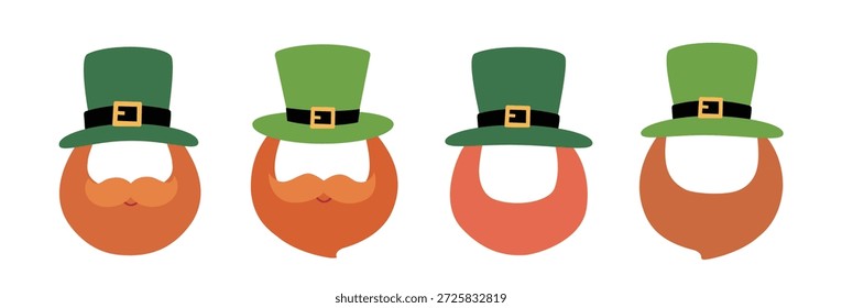 St Patrick's day leprechaun hat and beard costume  flat vector illustration set.
Template face leprechaun on St Patrick's day clipart.
Leprechaun with Beard and Top Hat.
St. Patrick's  Cosplay Party.