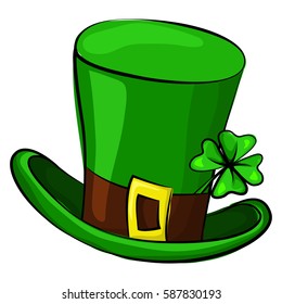 St. Patrick's Day leprechaun hat with four leaf clover. Vector cartoon illustration isolated on white background. Symbols of the Irish holiday.