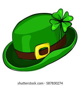St. Patrick's Day leprechaun hat with four leaf clover. Vector cartoon illustration isolated on white background. Symbols of the Irish holiday.
