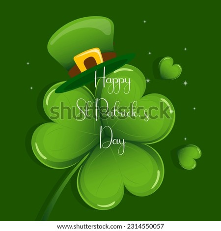 St. Patrick's Day, leprechaun hat with shamrock leaves and congratulatory text. Illustration, postcard, banner, vector	
