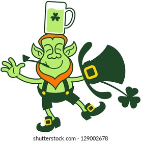 St Patrick's Day Leprechaun having fun, smiling and trying to keep balance while holding a glass of beer over his head