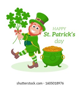 st Patrick's day leprechaun holding clover beside pot of gold vector illustration
