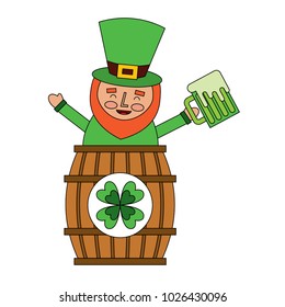 st. patricks day leprechaun inside on a barrel with a pint of beer in his hand