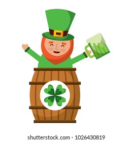 st. patricks day leprechaun inside on a barrel with a pint of beer in his hand