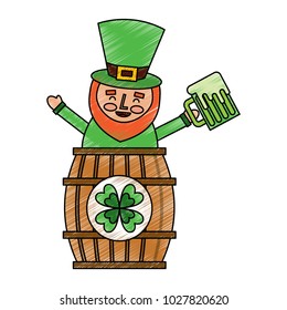 st. patricks day leprechaun inside on a barrel with a pint of beer in his hand