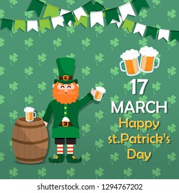 St. patricks day leprechaun inside on a barrel with a pint of beer in his hand. vector illustration of Cartoon leprechaun.