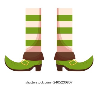 St. Patricks Day leprechaun legs in striped white and green socks, green boots