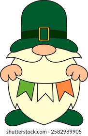 St. Patrick's Day, leprechaun with a long beard, garland of paper flags in his hands, flag of Ireland, retro vintage style, vector flat icon isolated on a white transparent background