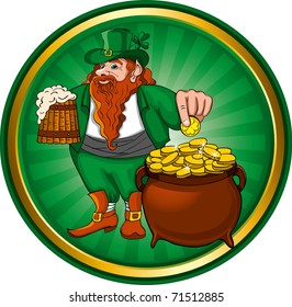 St. Patrick's Day, Leprechaun with mug beer and pot of gold. Vector image.