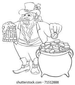 St. Patrick's Day, Leprechaun with mug beer and pot of gold. Vector image.