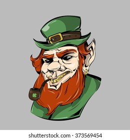 St. patricks day leprechaun portrait. evil leprechaun smoking a pipe. Leprechaun head with gold teeth for poster.  Saint Patrick's Day character leprechaun with green hat, red beard, smoking pipe