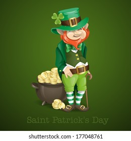 St. Patrick's Day. Leprechaun With Pot Of Gold. Vector Illustration. Eps 10.