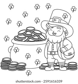 St. Patricks Day Leprechaun with a Pot of Gold Coloring Page for Kids