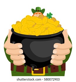 St. Patrick's Day. Leprechaun and pot of gold. Magic dwarf and boiler of golden coins. National Holiday in Ireland. Traditional Irish Festival