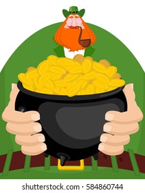 St. Patrick's Day. Leprechaun and pot of gold. Magic dwarf and boiler of golden coins. National Holiday in Ireland. Traditional Irish Festival


