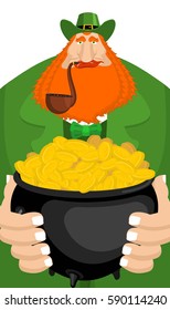 St. Patrick's Day. Leprechaun and pot of gold. Magic dwarf and boiler of golden coins. National Holiday in Ireland. Traditional Irish Festival

