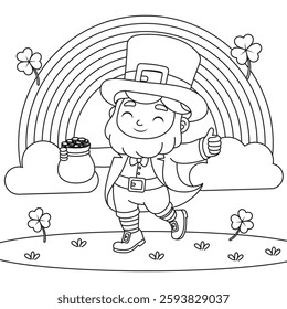 St. Patricks Day Leprechaun and a Rainbow Coloring Page for Kids