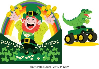 St. Patrick's Day Leprechaun with Rainbow and Dinosaur Monster Truck, A whimsical St. Patrick's Day illustration featuring a cheerful leprechaun with a rainbow and a dinosaur driving a monster truck. Celebrating luck and good times on a fun holiday.