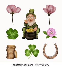 St. patrick's day leprechaun with shamrock, coins, horseshoe