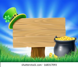 A St Patrick's Day Leprechaun sign illustration with leprechaun hat and a pot of gold