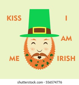 St. Patrick's Day leprechaun with a symbolic green hat and bushy red beard and green clover vector background. Irish holiday celebration