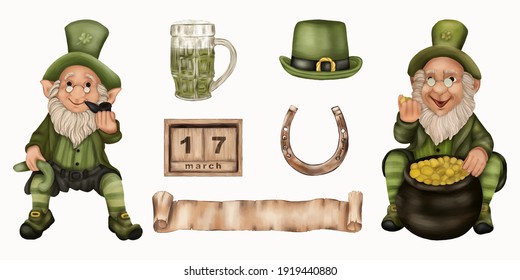  St. patrick's day leprechauns with ale, horseshoe, hat