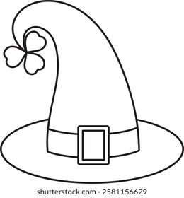 St. Patrick's Day, leprechaun's cap hat, black and white vector linear icon isolated on a white transparent background