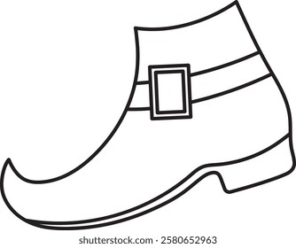 St. Patrick's Day, leprechaun's pointed shoe, black and white vector linear icon isolated on a white transparent background