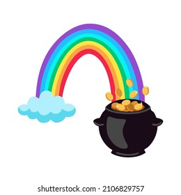 St Patrick's Day, A leprechaun's pot full of gold at the end of the rainbow. For holiday, festival for cards, invitations. Vector flat illustration, cartoon style.