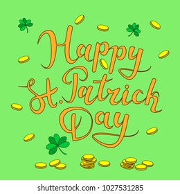 St. Patrick's Day lettering, golden coins, trefoil