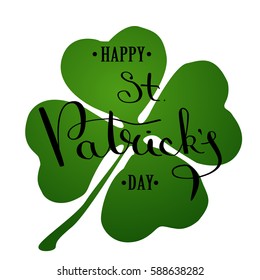 St. Patrick's Day lettering greeting card. Calligraphic inscription on the background of a clover with 4 petals. Hand sketched St. Patrick's Day. Inscriptions thin pen on a black background. Vector 