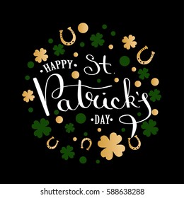 St. Patrick's Day lettering greeting card. Calligraphic inscription with ornaments of clover. Hand sketched St. Patrick's Day. Inscriptions thin pen on a black background. Vector illustration EPS 10.