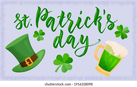 St Patrick's day lettering with  hat, clover, green beer mug. Vector color illustration with texture on purple background.