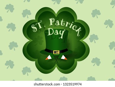St. Patrick's day lettering with high hat of The Leprechaun and small Irish flag. All on green silhouette clover leaf and shamrock plant pattern background.
