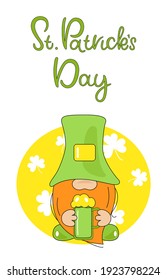  St. Patrick's day lettering with holiday gnome.  Leprechaun with mug beer on vertical background. Holiday banners, web poster, flyers, brochures. Cartoon Flat Vector Illustration
