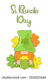 St. Patrick's day lettering with holiday gnome.  Leprechaun with mug beer on vertical background. Holiday banners, greeting cards, group bright covers. Cartoon Flat Vector Illustration