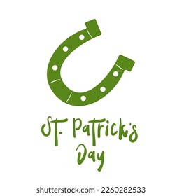 St. Patrick's Day lettering and horseshoe. St. Patrick's Day greeting card. Vector illustration. Isolated on white background