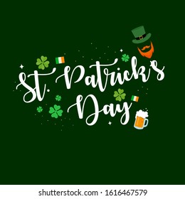 St. Patrick's Day Lettering with Leaf, Ireland Flag, Beer, and Hat