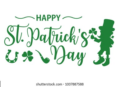 St Patrick's day lettering with silhouette of clover, horseshoe, pipe and Leprechaun, Vector Illustration