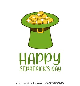 St. Patrick's Day lettering and top hat filled with gold. St. Patrick's Day greeting card. Cartoon. Vector illustration. Isolated on white background
