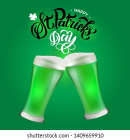 St patricks day lettering with tso two Pint of green beer.  party background