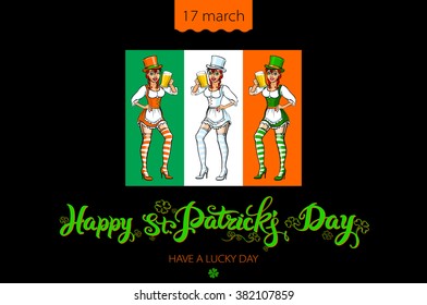St. Patrick's Day lettering vector design elements - girl with red hair. Patricks day hand-drawn lettering. Inscription Happy St. Patrick's Day - celebrated on March 17 art