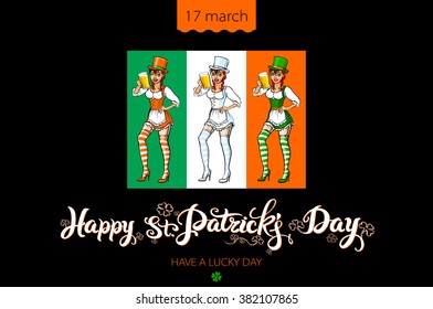 St. Patrick's Day lettering vector design elements - girl with red hair. Patricks day hand-drawn lettering. Inscription Happy St. Patrick's Day - celebrated on March 17 art