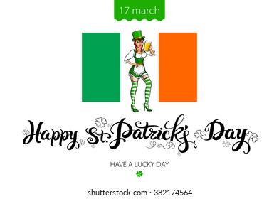 St. Patrick's Day lettering vector design elements set - girl with red hair. Patricks day hand-drawn icons on white background. Inscription Happy St. Patrick's Day - celebrated on March 17 art