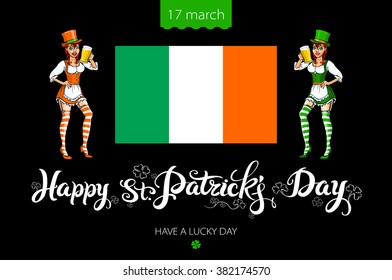 St. Patrick's Day lettering vector design elements set - girl with red hair. Patricks day hand-drawn icons on white background. Inscription Happy St. Patrick's Day - celebrated on March 17 art