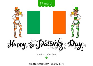 St. Patrick's Day lettering vector design elements set - girl with red hair. Patricks day hand-drawn icons on white background. Inscription Happy St. Patrick's Day - celebrated on March 17 art