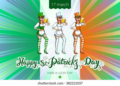 St. Patrick's Day lettering vector design elements set - girl with red hair. Patricks day Typographic, lettering, clover, leaf, leafed, irish,  hand-drawn.  March 17 art